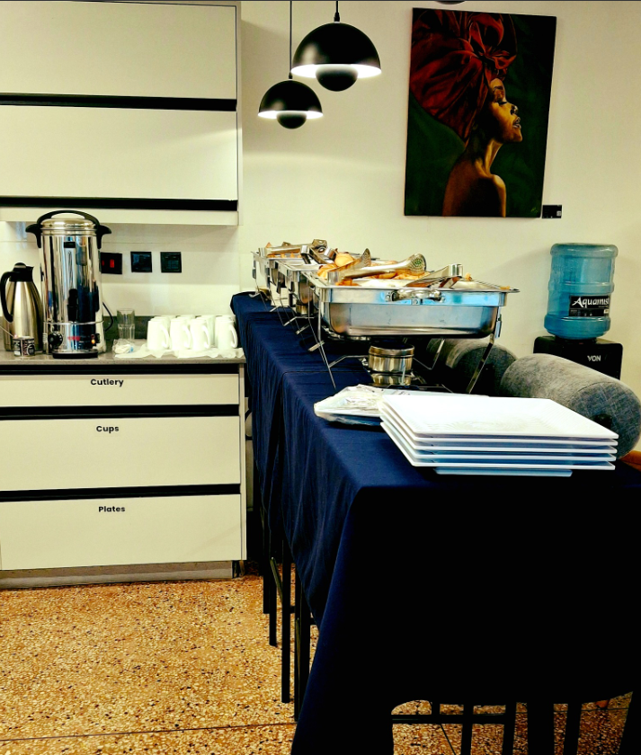 Professional catering setup with elegant buffet display